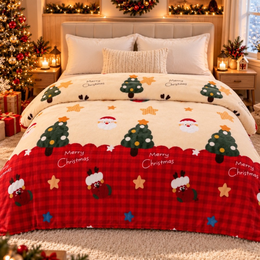 Patura Pufoasa Cocolino, model de Craciun, 200x230 cm, 240 g/mp, Crem, Rosu, Brazi de Craciun