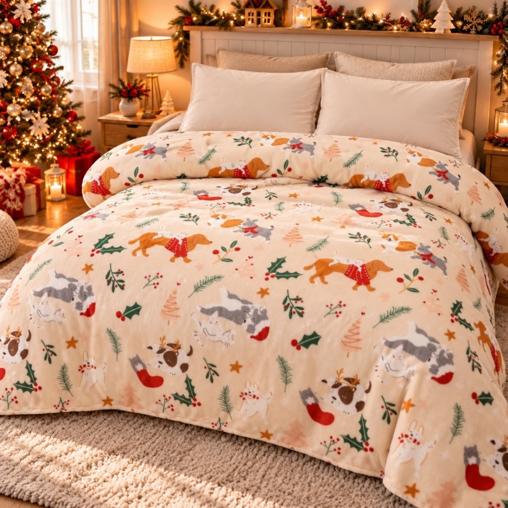 Patura Pufoasa Cocolino, model de Craciun, 200x230 cm, 240 g/mp, Crem, Motive de Sarbatoare