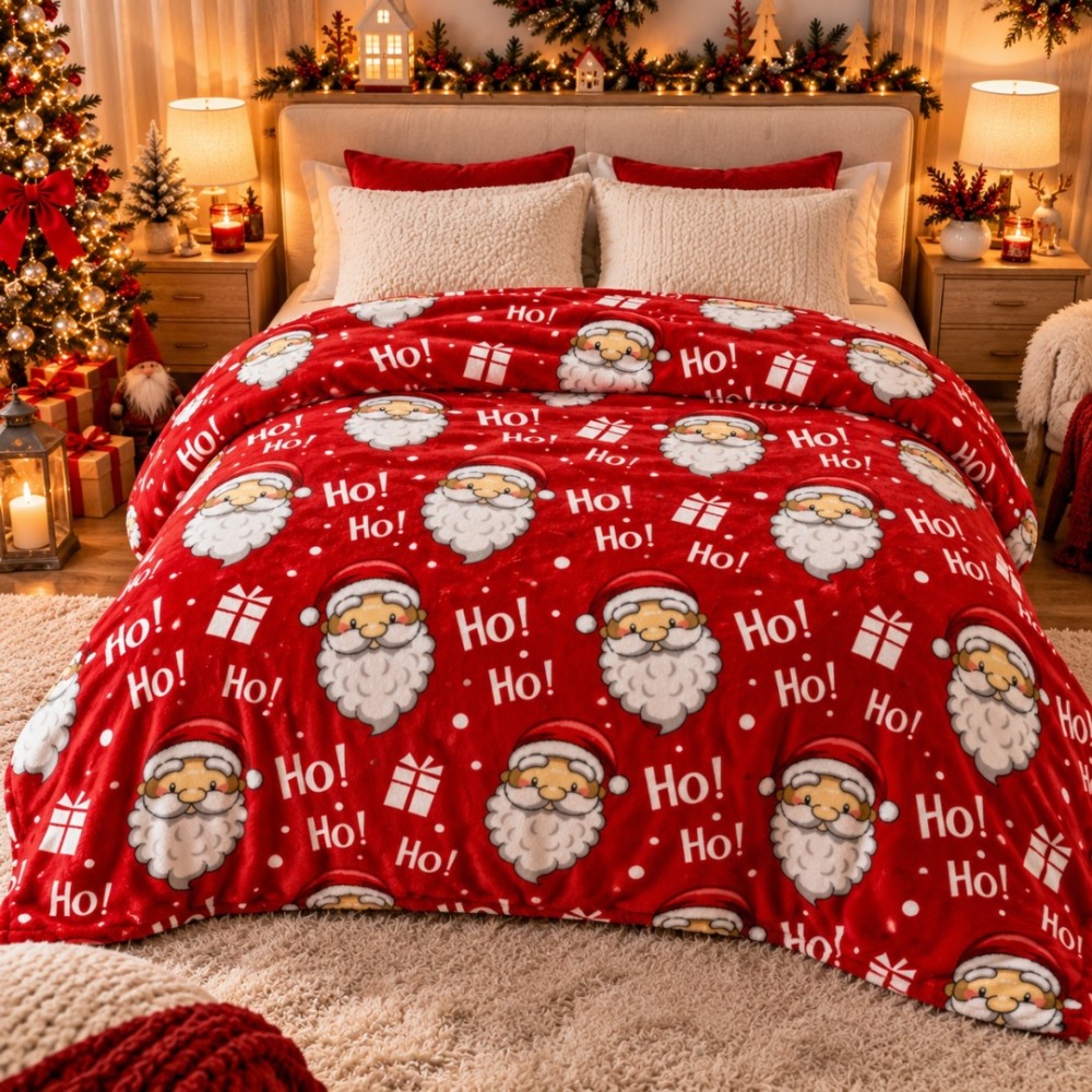 Patura Pufoasa Cocolino, model de Craciun, 200x230 cm, 240 g/mp, Rosu, Alb, Ho! Ho! Ho!