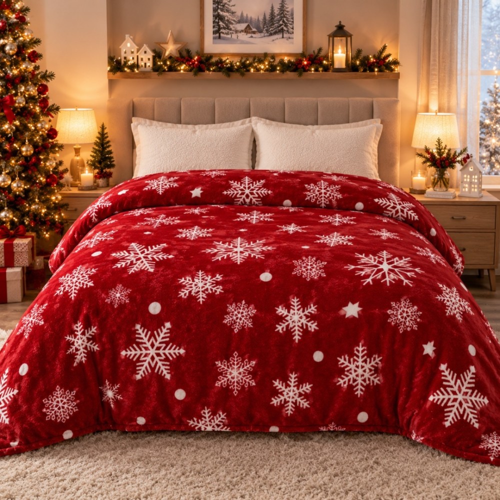 Patura Pufoasa Cocolino, model de Craciun, 200x230 cm, 240 g/mp, Rosu, Alb, Fulgi de Nea