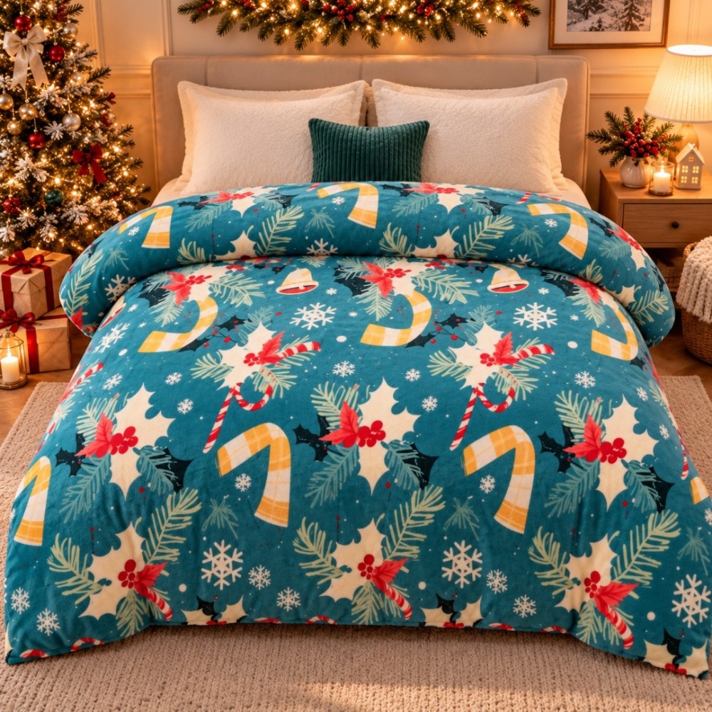 Patura Pufoasa Cocolino, model de Craciun, 200x230 cm, 240 g/mp, Bleu, Motive de Sarbatoare