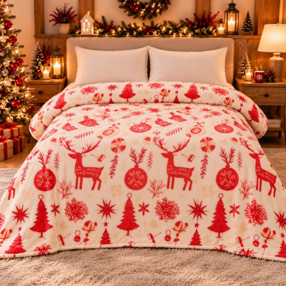 Patura Pufoasa Cocolino, model de Craciun, 200x230 cm, 240 g/mp, Crem, Reni, Braduti si Decoratiuni