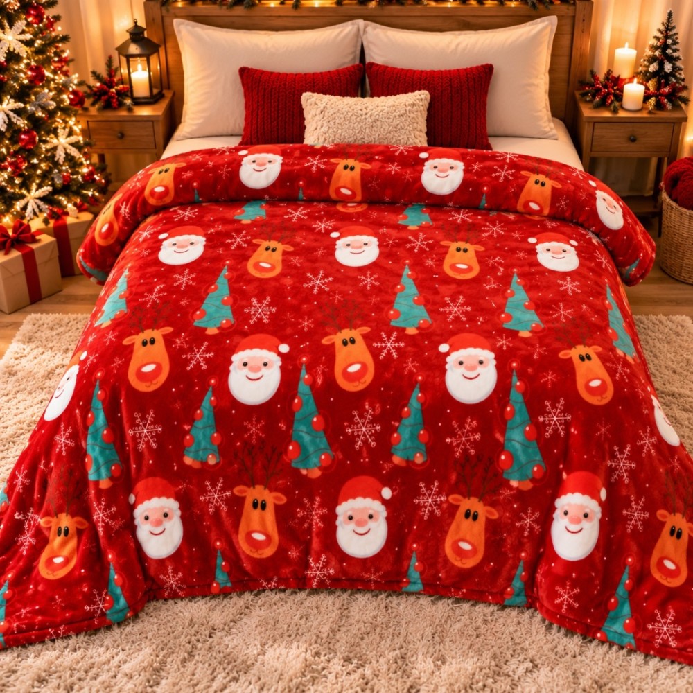 Patura Pufoasa Cocolino, model de Craciun, 200x230 cm, 240 g/mp, Rosu, Reni, Braduti si Decoratiuni
