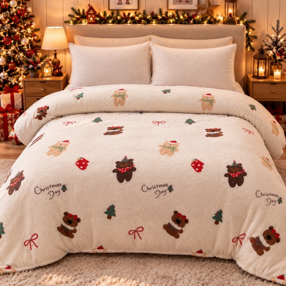 Patura Pufoasa Cocolino, model de Craciun, 200x230 cm, 240 g/mp, Crem, Motive de Sarbatoare