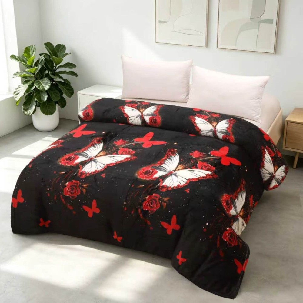 Patura pufoasa cocolino 200x230cm, 240g/mp, Negru, Fluturi