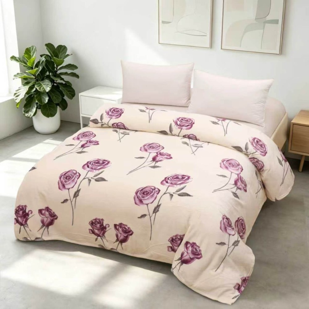 Patura pufoasa cocolino 200x230cm, 240g/mp, Crem, Trandafiri Mov