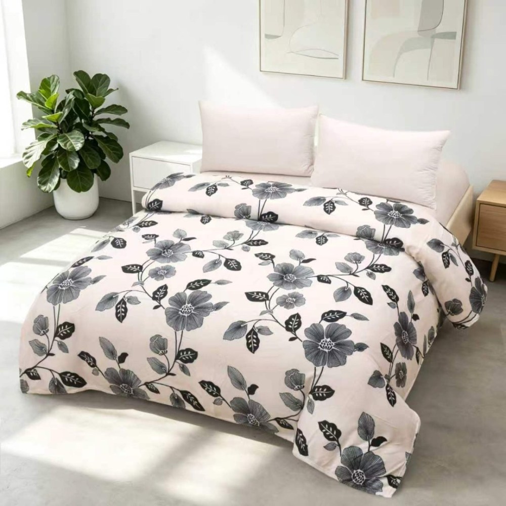 Patura pufoasa cocolino 200x230cm, 240g/mp, Crem, Flori Gri