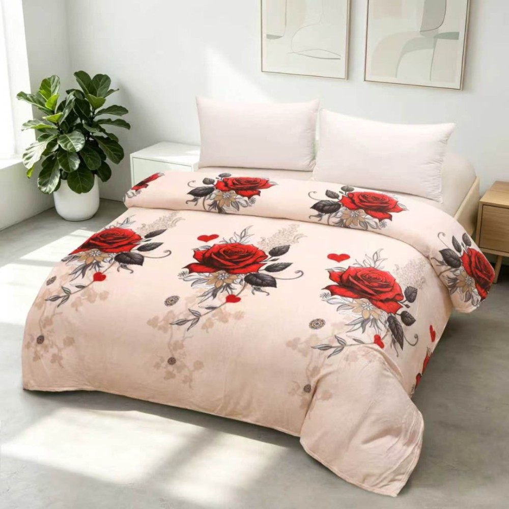 Patura pufoasa cocolino 200x230cm, 240g/mp, Bej, trandafiri rosii