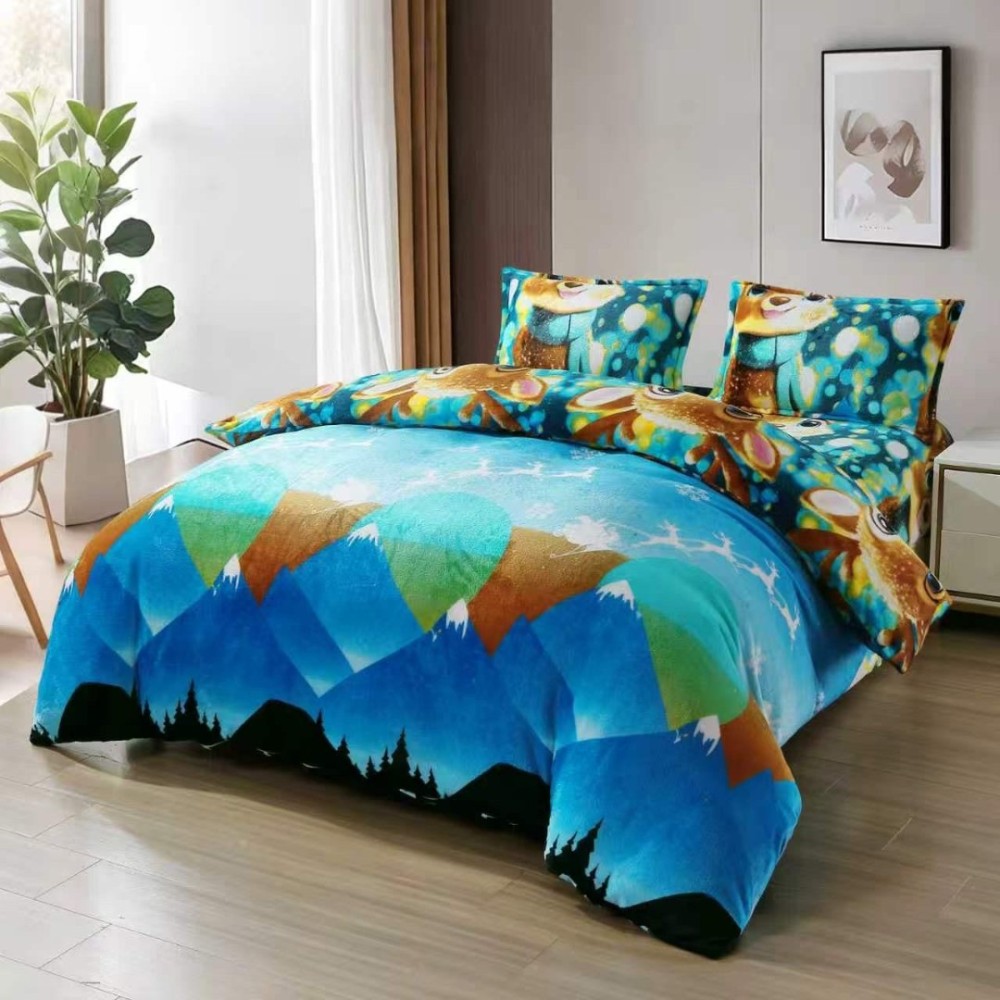 Lenjerie pat dublu, Super Pufoasa COCOLINO, cu ELASTIC, 4 piese, Bleu, Reni