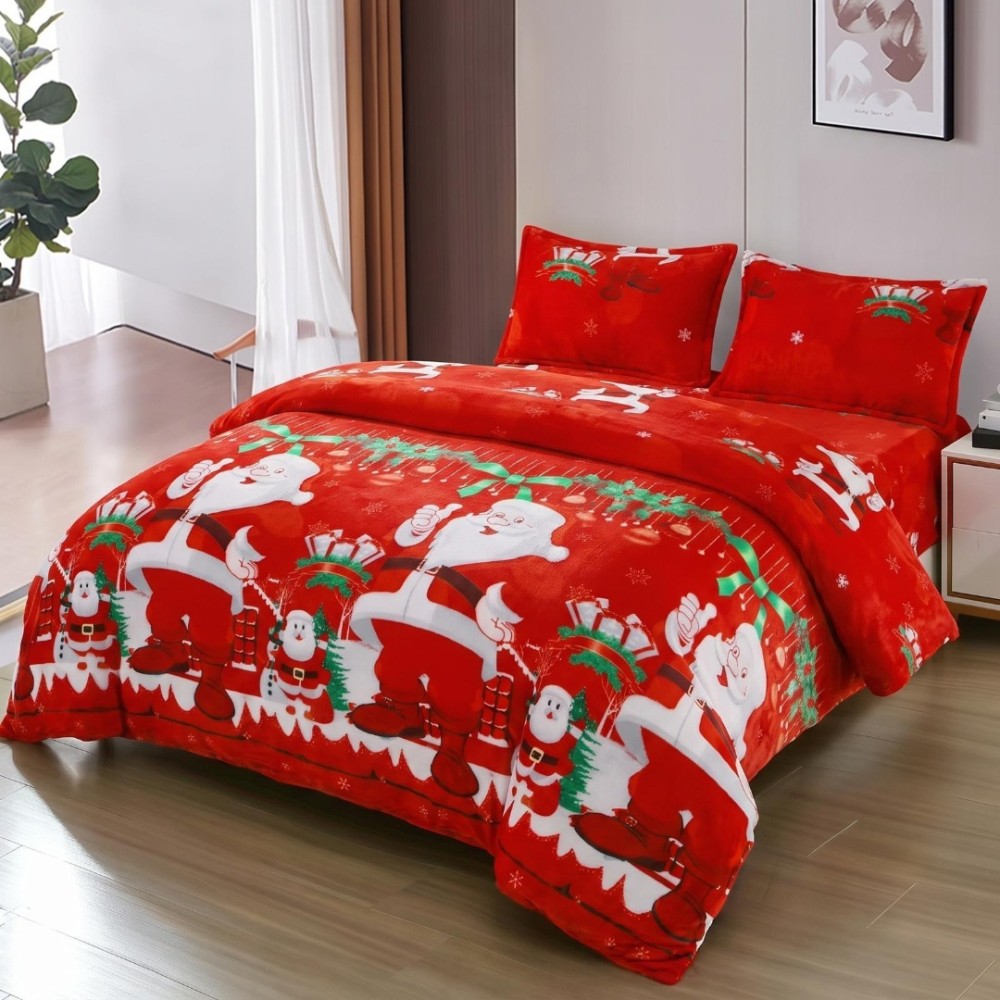 Lenjerie pat dublu, Super Pufoasa COCOLINO, cu ELASTIC, 4 piese, Rosu, Mos Craciun