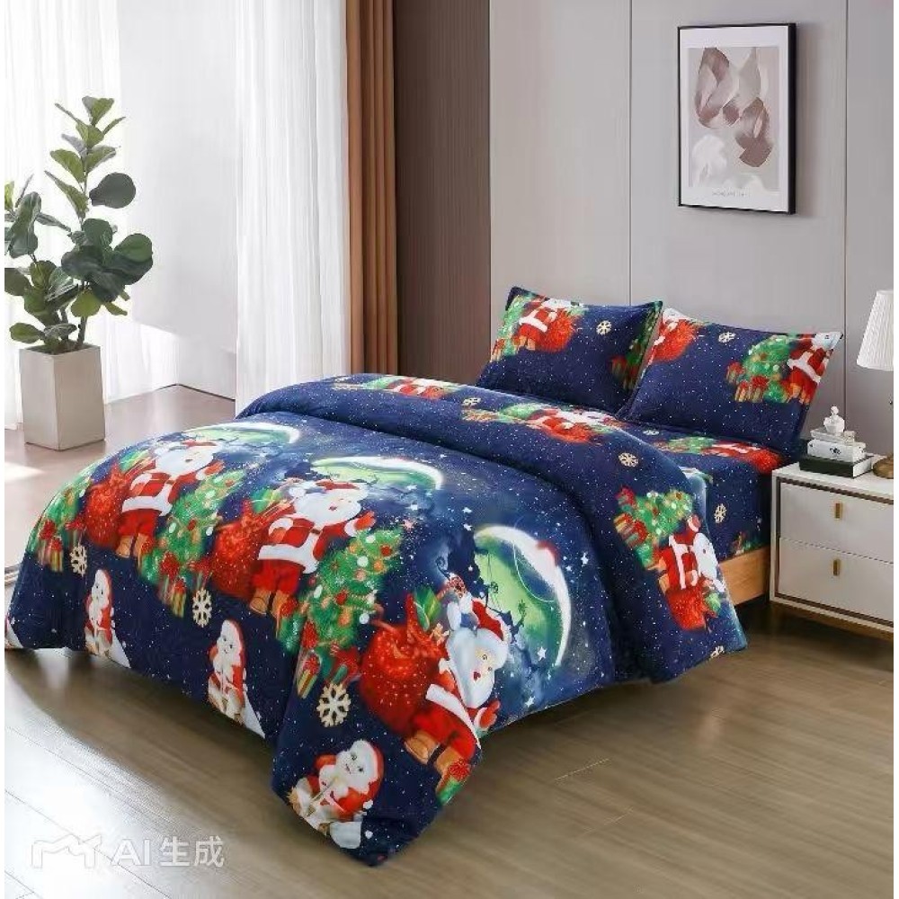 Lenjerie pat dublu, Super Pufoasa COCOLINO, cu ELASTIC, 4 piese, Albastru, Mos Craciun langa Brad