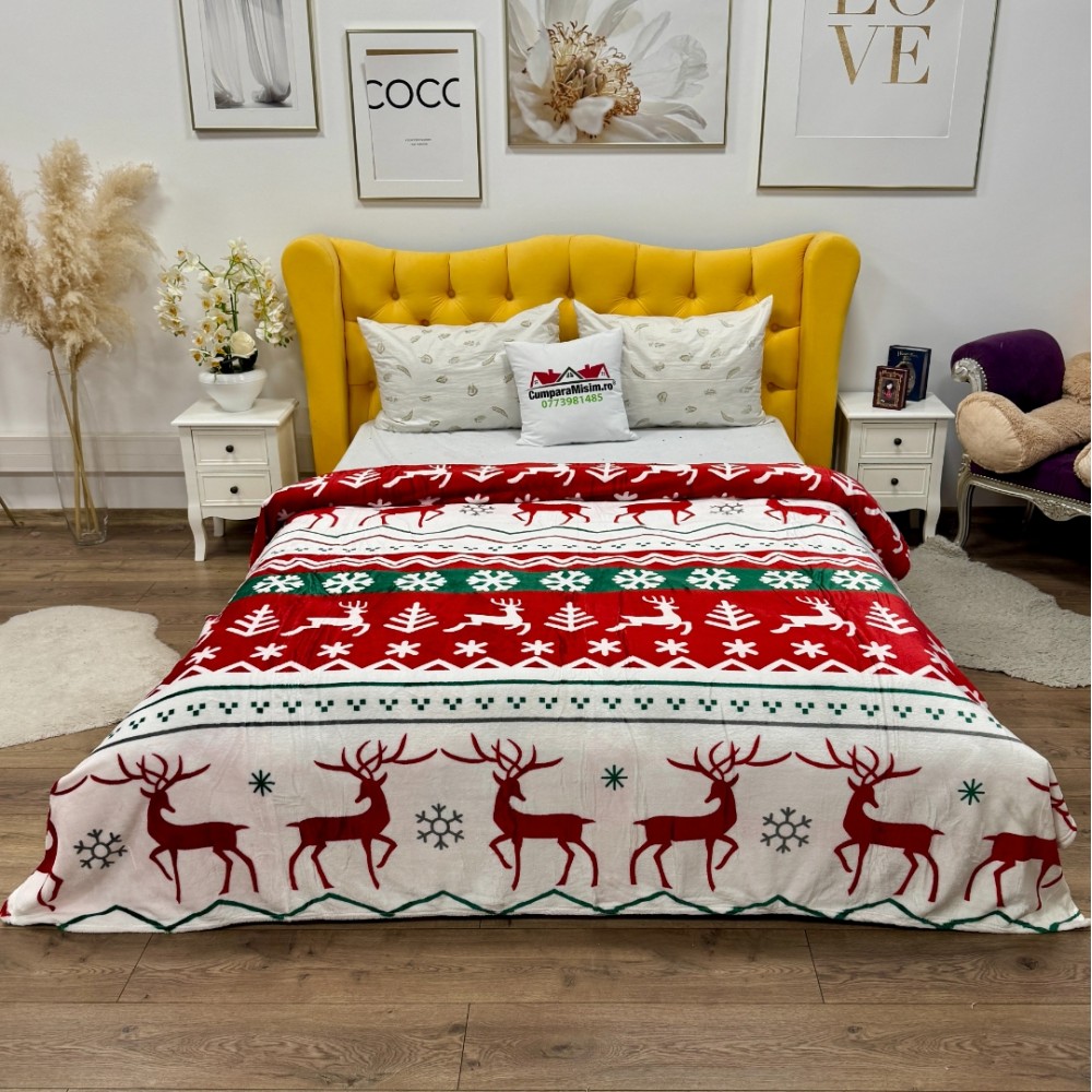 Patura pufoasa cocolino 200x230cm, 240g/mp, Rosu, Alb, Dungi, Reni