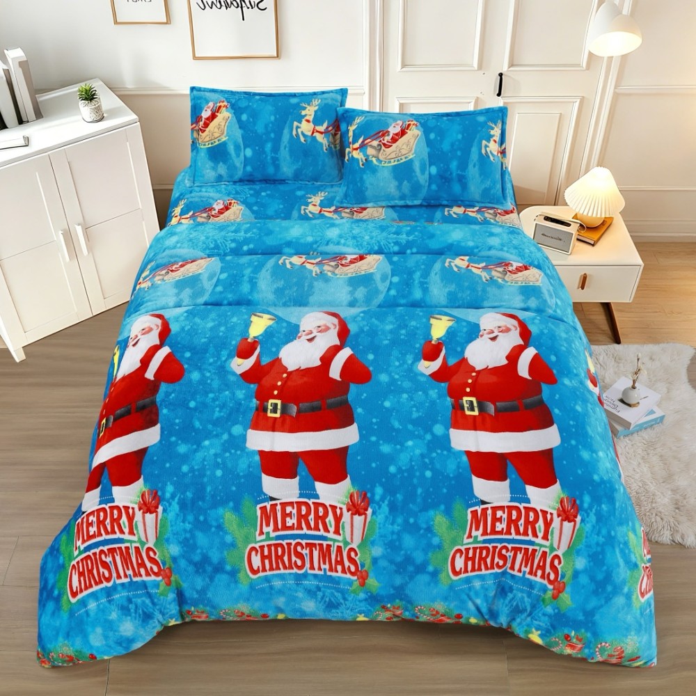 Lenjerie pat dublu, Super Pufoasa COCOLINO, cu Elastic, 4 piese, Bleu, Rosu, Mos Craciun