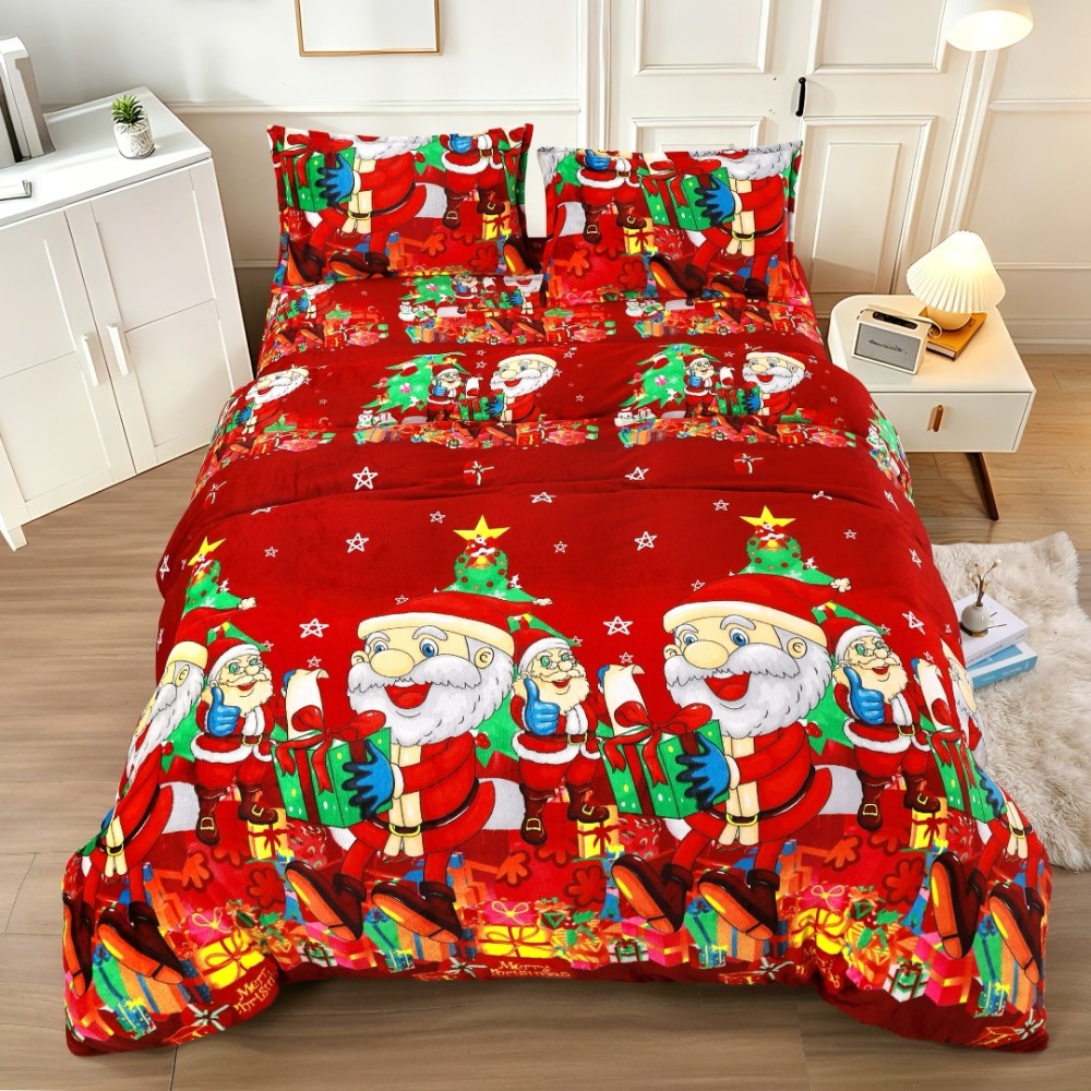 Lenjerie pat dublu, Super Pufoasa COCOLINO, cu Elastic, 4 piese, Rosu, Mos Craciun, cadouri