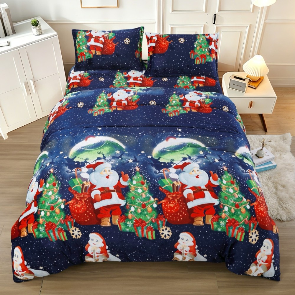 Lenjerie pat dublu, Super Pufoasa COCOLINO, cu Elastic, 4 piese, Albastru, Mos Craciun