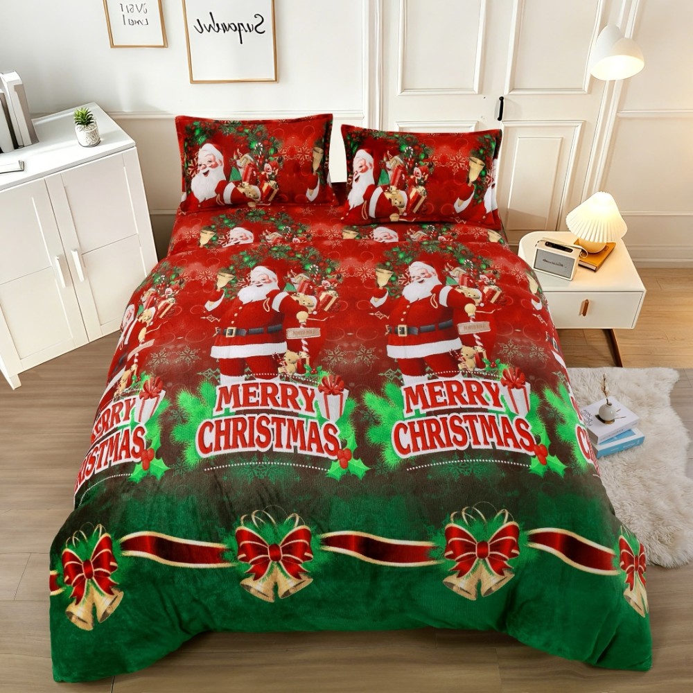 Lenjerie pat dublu, Super Pufoasa COCOLINO, cu Elastic, 4 piese, Rosu, Verde, Mos Craciun, Merry Christmas