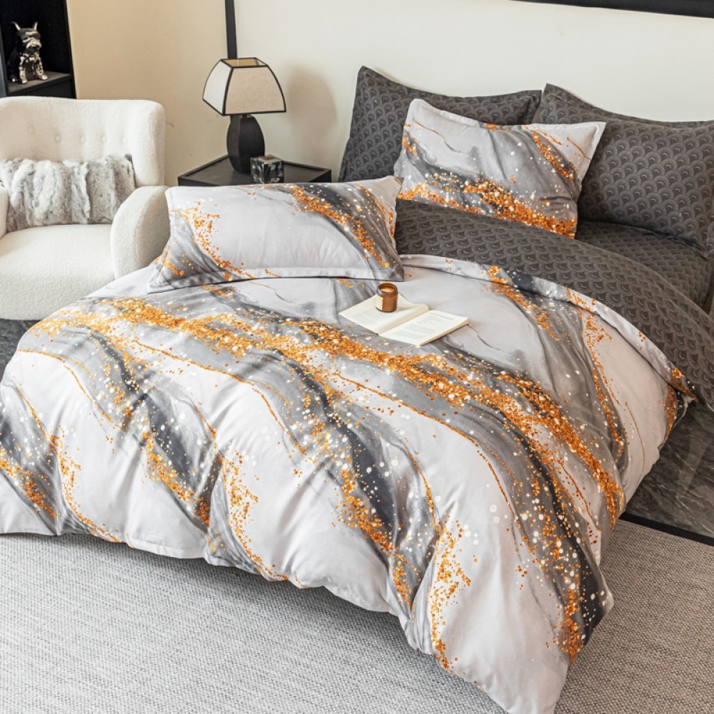 Lenjerie pat dublu,  FINET, 6 piese, Jojo Home, Gri, Alb, Marble