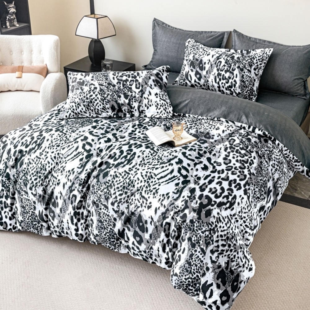 Lenjerie pat dublu,  FINET, 6 piese, Jojo Home, Alb, Negru, Gri, Animal Print