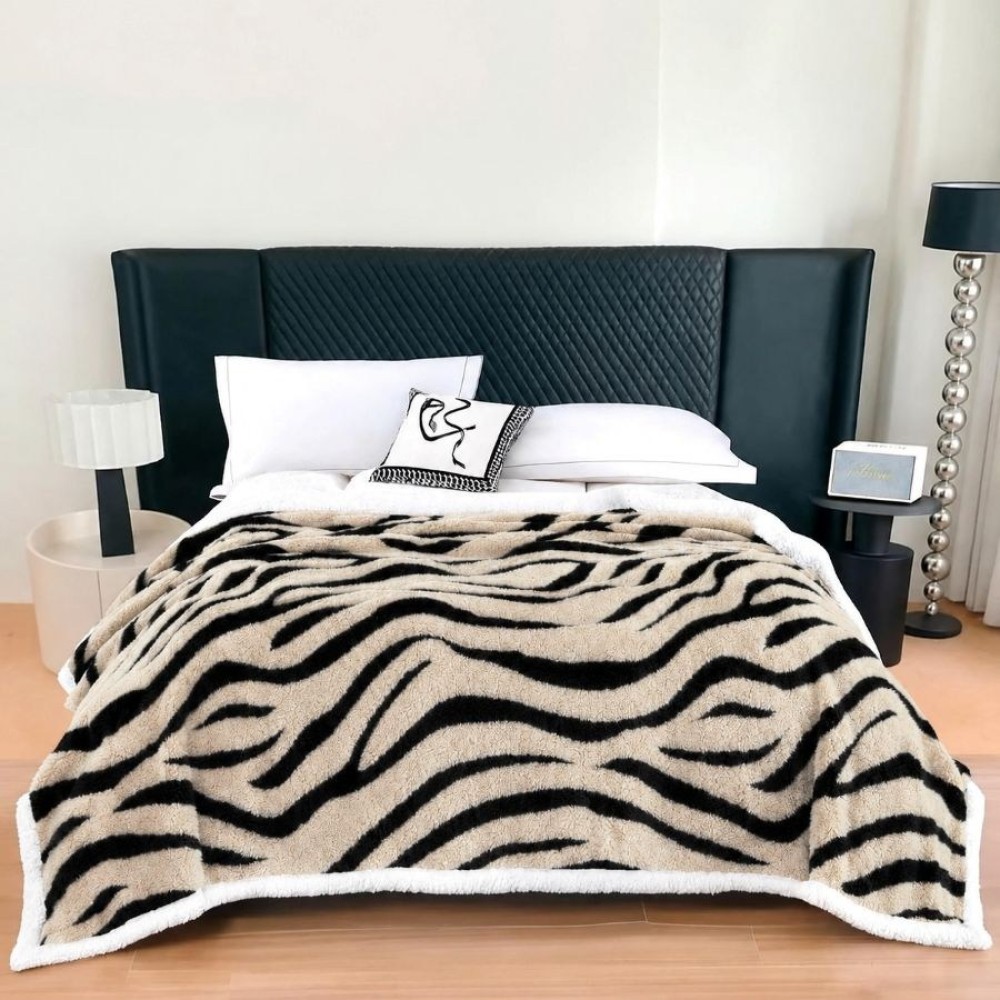 Patura Cocolino Groasa cu Blanita Sherpa, 200x230 cm, Zebra, Crem