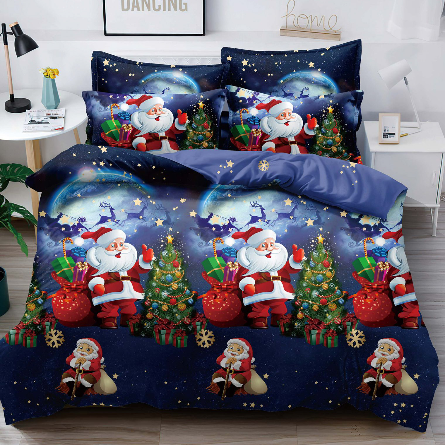 Lenjerie pat 1 PERSOANA,  FINET, 4 piese, Jojo Home, Craciun, Bleumarin-Multicolor, Mos Craciun, brazi