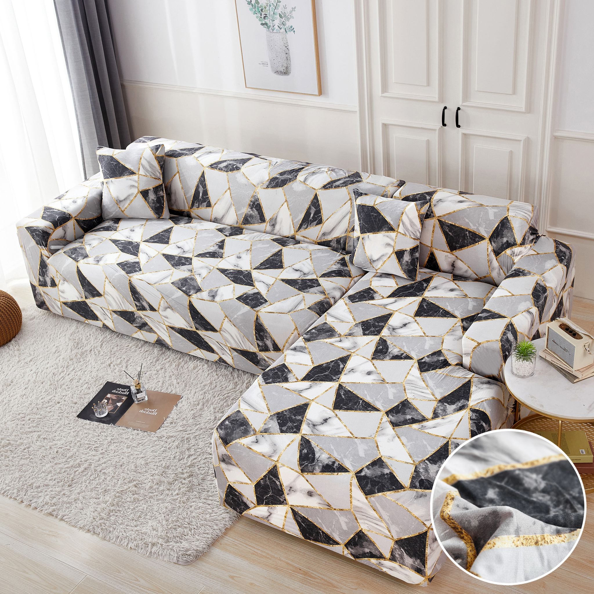Set husa pentru coltar M + L, Elastica, Jojo Home, Gri-Negru, forme geometrice