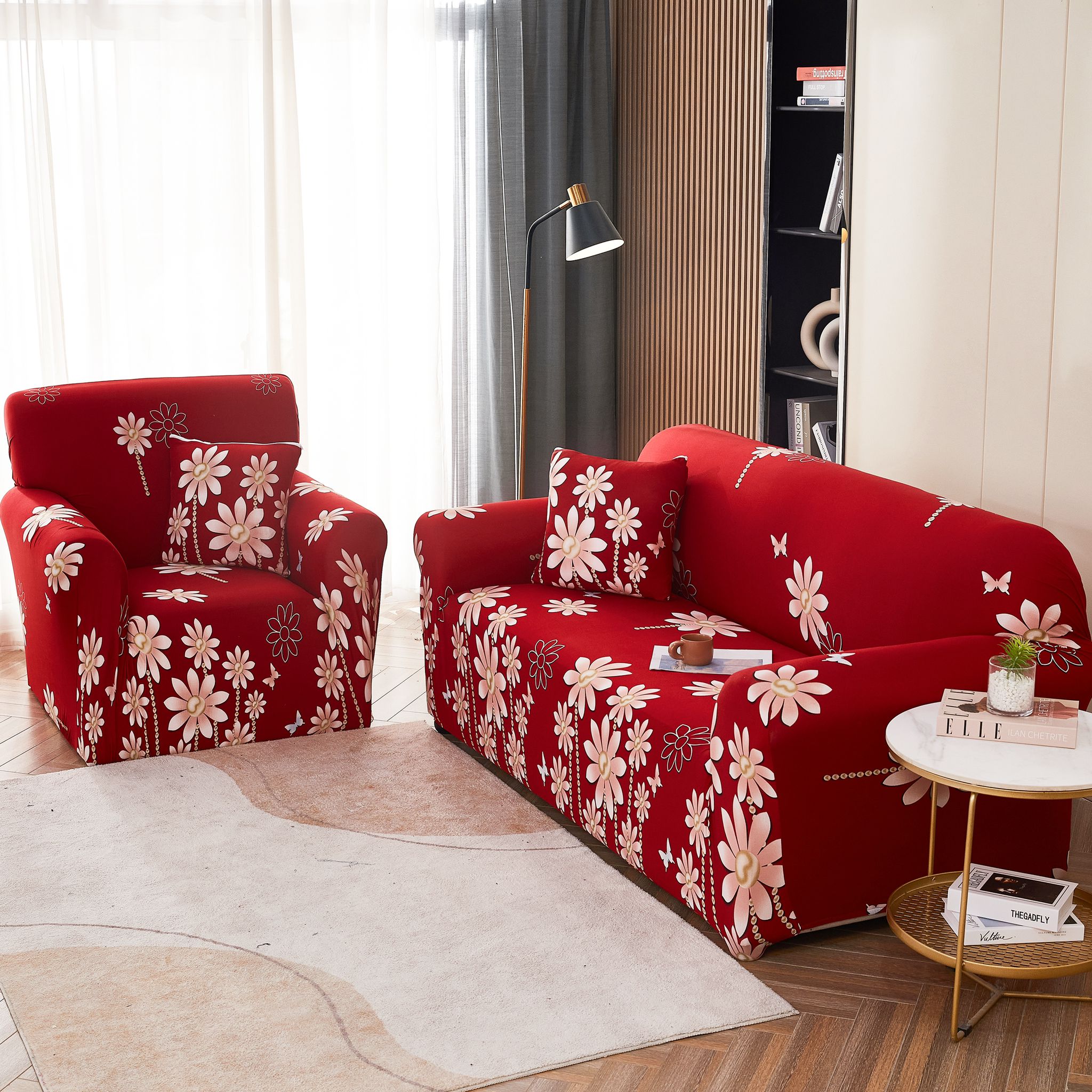 Husa Elastica Pentru Canapea 2 Locuri - M - Jojo Home, Rosu, flori