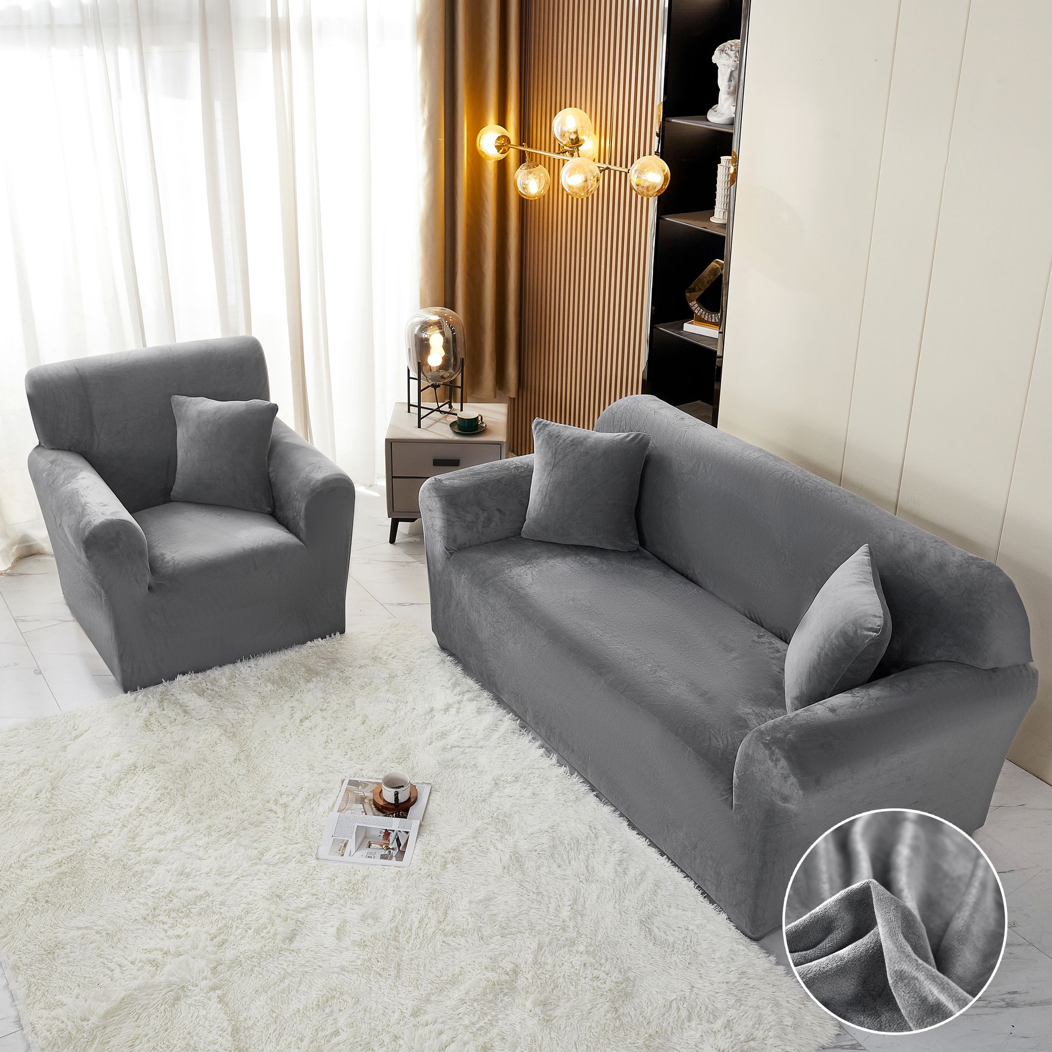 Husa Elastica, 180cm-230cm, pentru Canapea 3 Locuri - L - Jojo Home, Catifea, Gri inchis