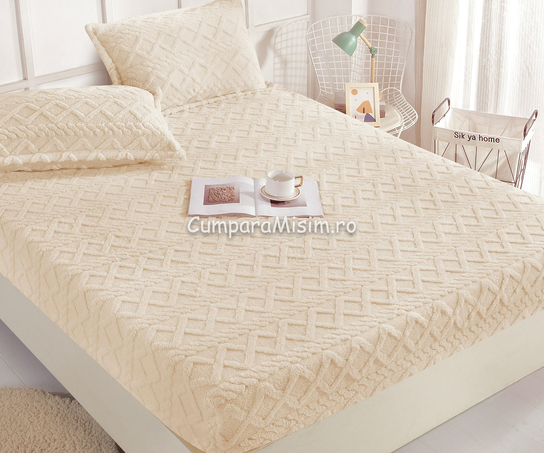 Cearsaf cu elastic COCOLINO, 180x200x25cm, 2 fete de perne, Jojo Home, model Tricotat, Crem