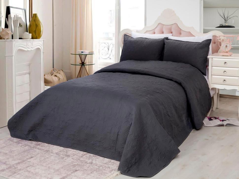 Cuvertura matlasata ultralux, gri antracit pentru pat dublu 220x240cm si 2 fete de perne 50x70