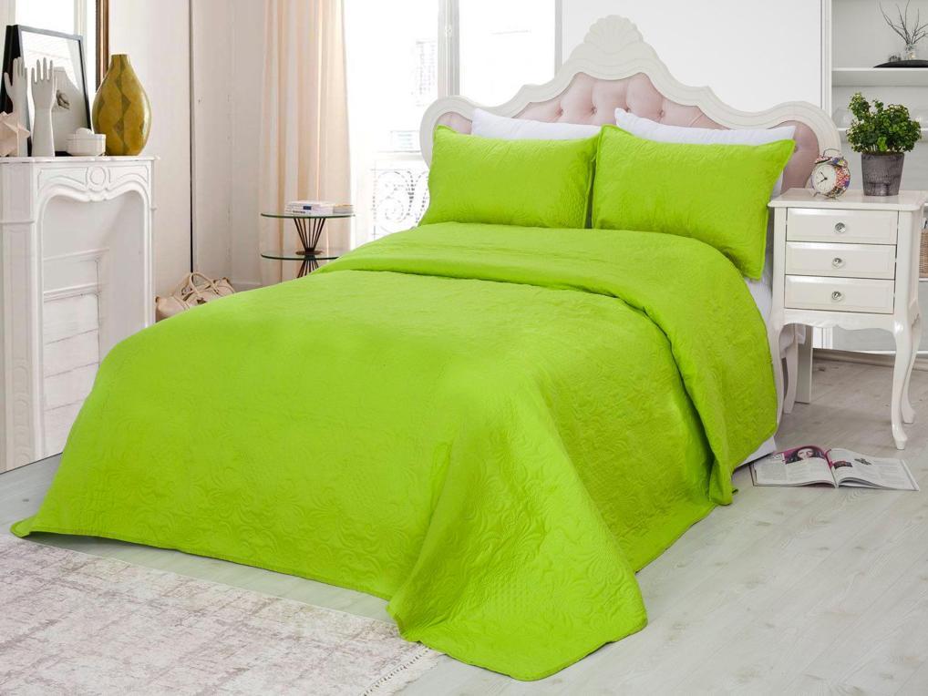 Cuvertura matlasata ultralux, verde, pentru pat dublu 220x240cm si 2 fete de perne 50x70