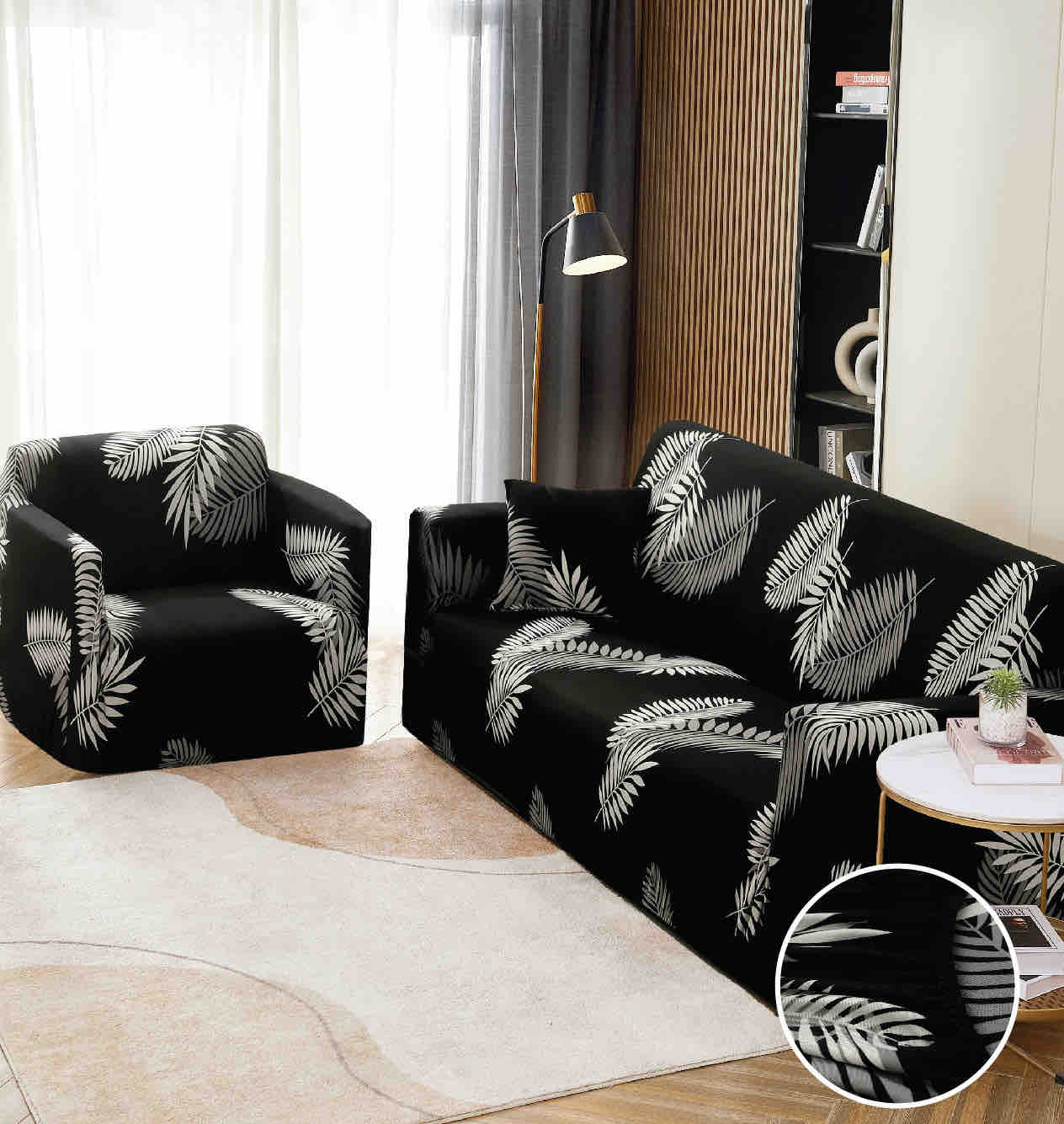 Husa Elastica Pentru Canapea 3 Locuri - L - Jojo Home, Negru, frunze