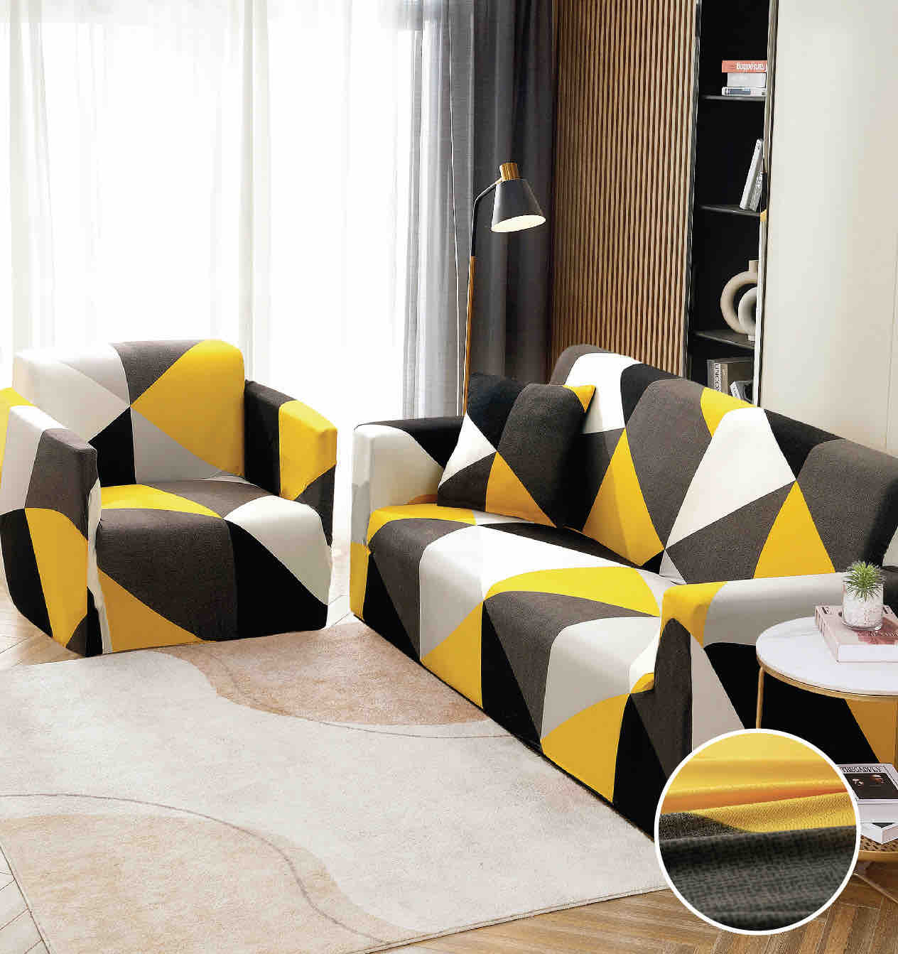Husa Elastica Pentru Canapea 2 Locuri - M - Jojo Home, Galben-Gri, forme geometrice