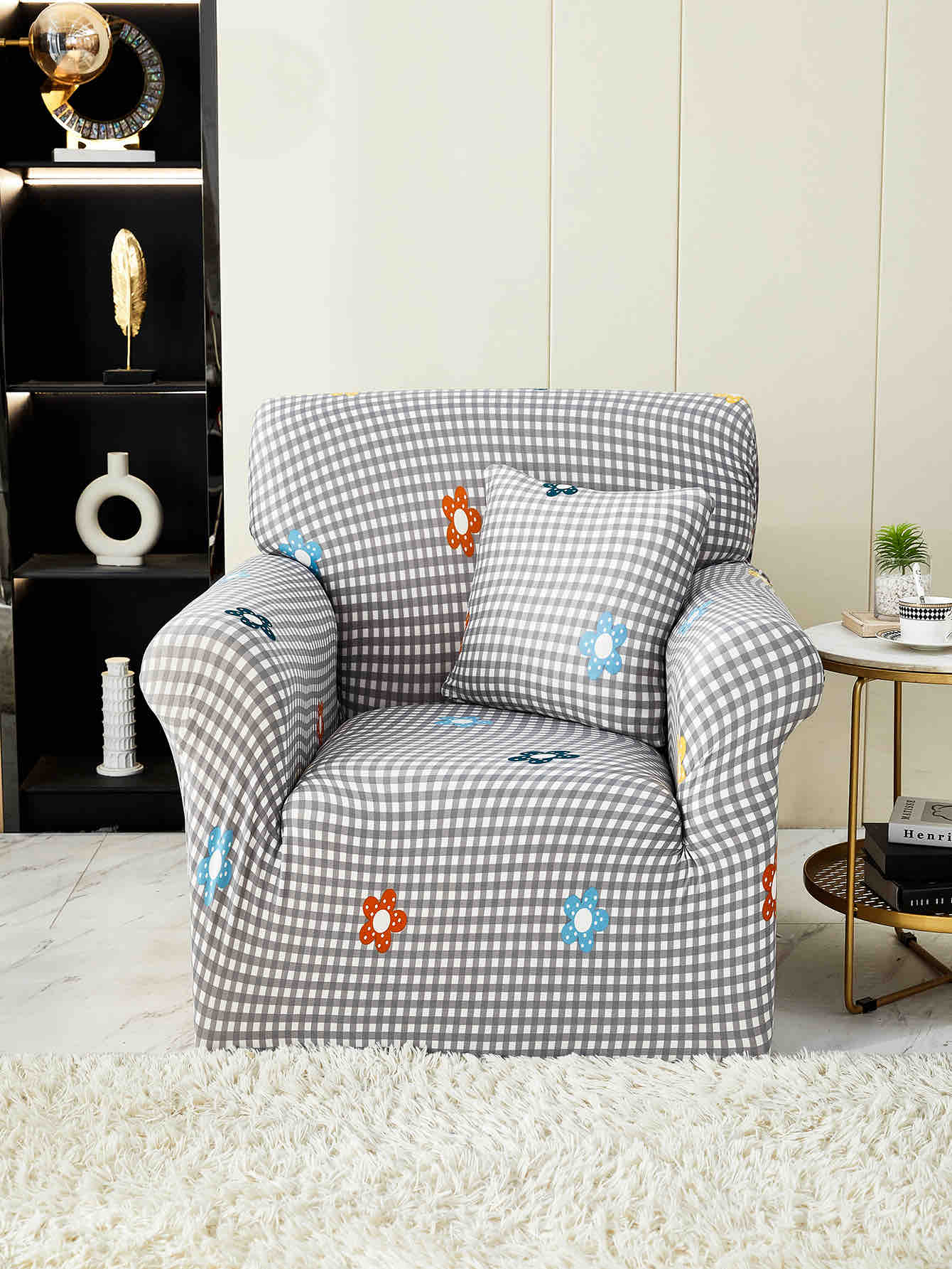 Husa Elastica Pentru fotoliu cu brate, Jojo Home, Gri, flori