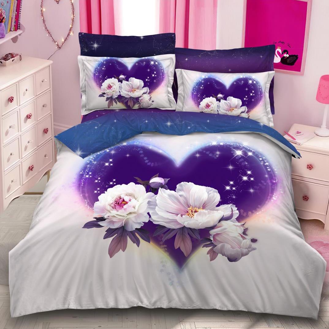 (OFERTA TRIO) Lenjerie pat dublu,  FINET, 6 piese, IDENTICA CU POZA, Mov, flori
