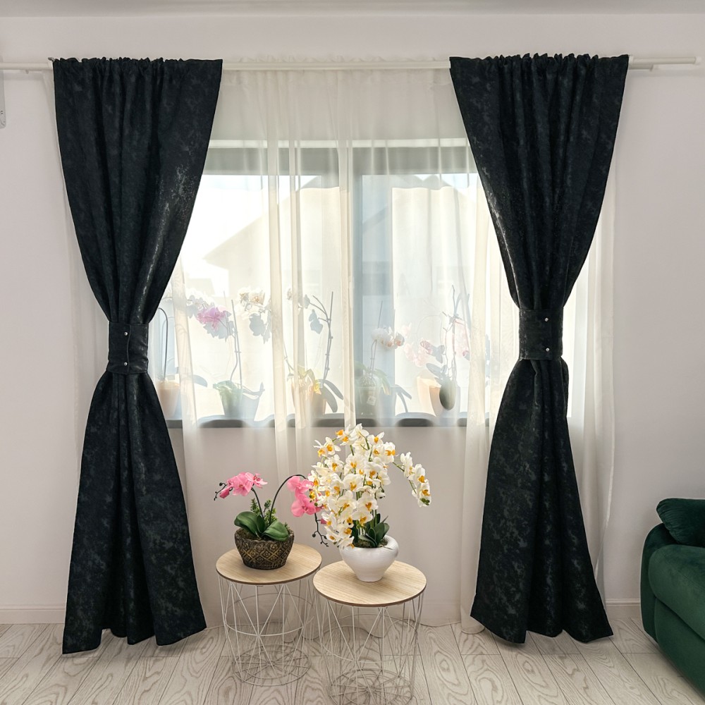 Set 2 draperii din Jacquard, Negru, 1m latime x 2m inaltime, cu rejansa pentru sina