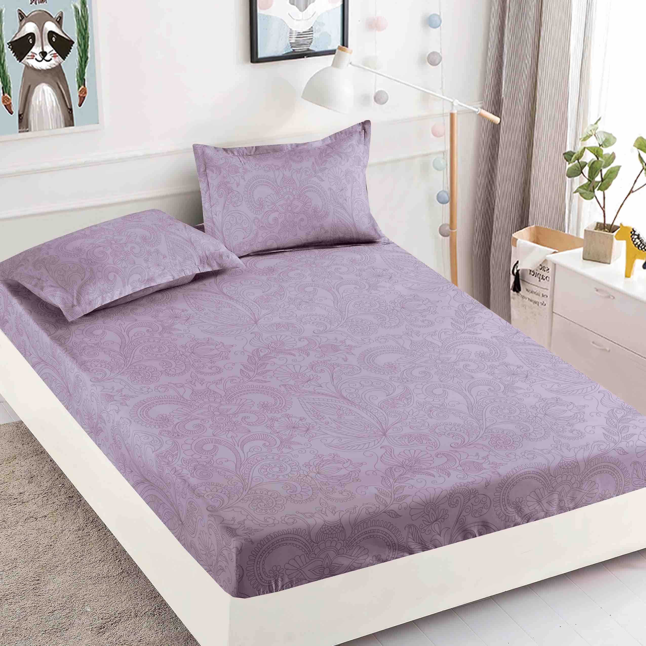 Cearsaf cu elastic, Bumbac FINET, 160/180x200cm, 2 fete de perne 50x70cm, Jojo Home, Gri cenusiu, model floral