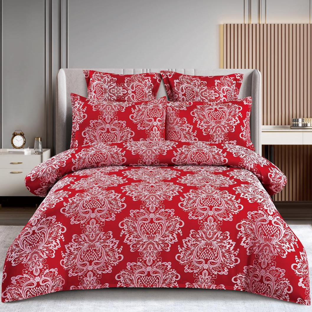Lenjerie pat dublu, JACQUARD FINETAT, 6 piese, cu ELASTIC, Rosu