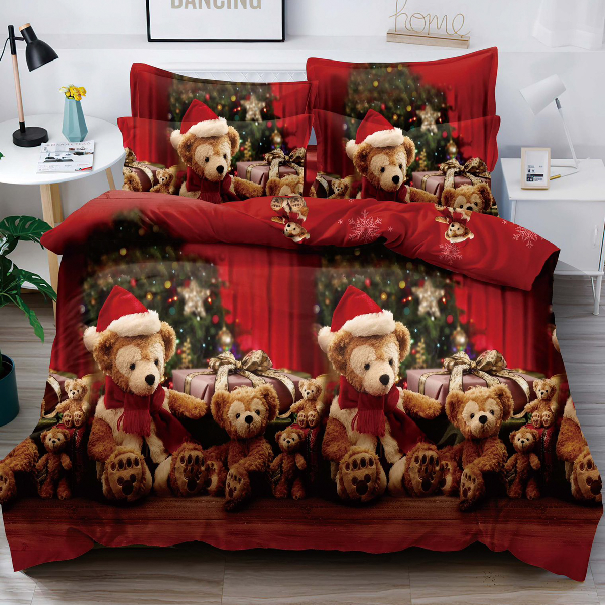 Lenjerie pat dublu,  FINET, 6 piese, Craciun, Jojo Home, Rosu, Mos Craciun