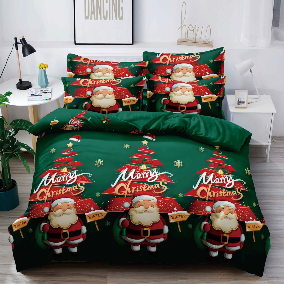 Lenjerie pat dublu,  FINET, 6 piese, cu ELASTIC, Craciun, Jojo Home, Verde, Mos Craciun, Merry Christmas