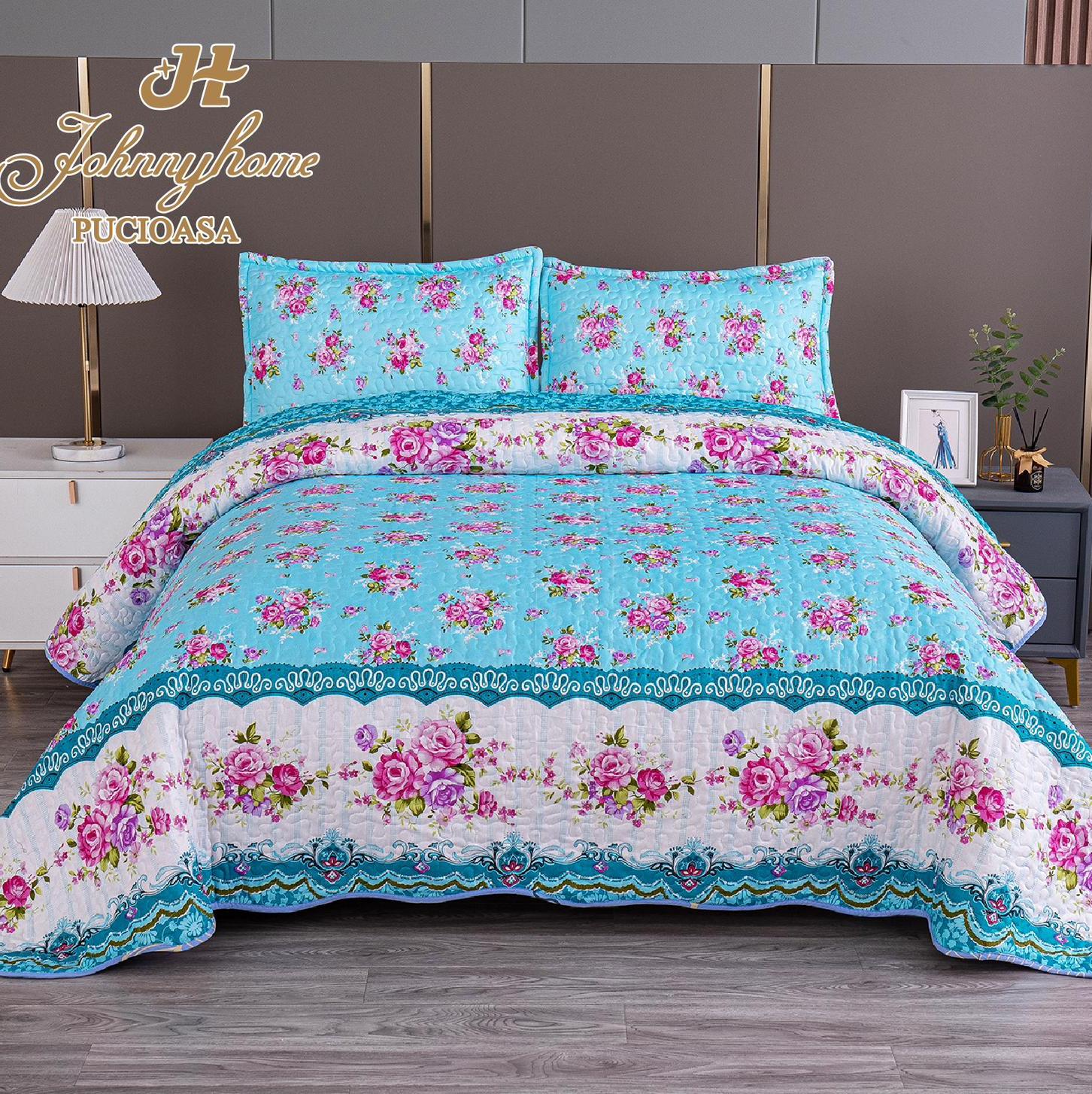 (OFERTA 3 la 199 Lei) Cuvertura pentru pat dublu cu 2 fete, matlasata,  Albastru, flori