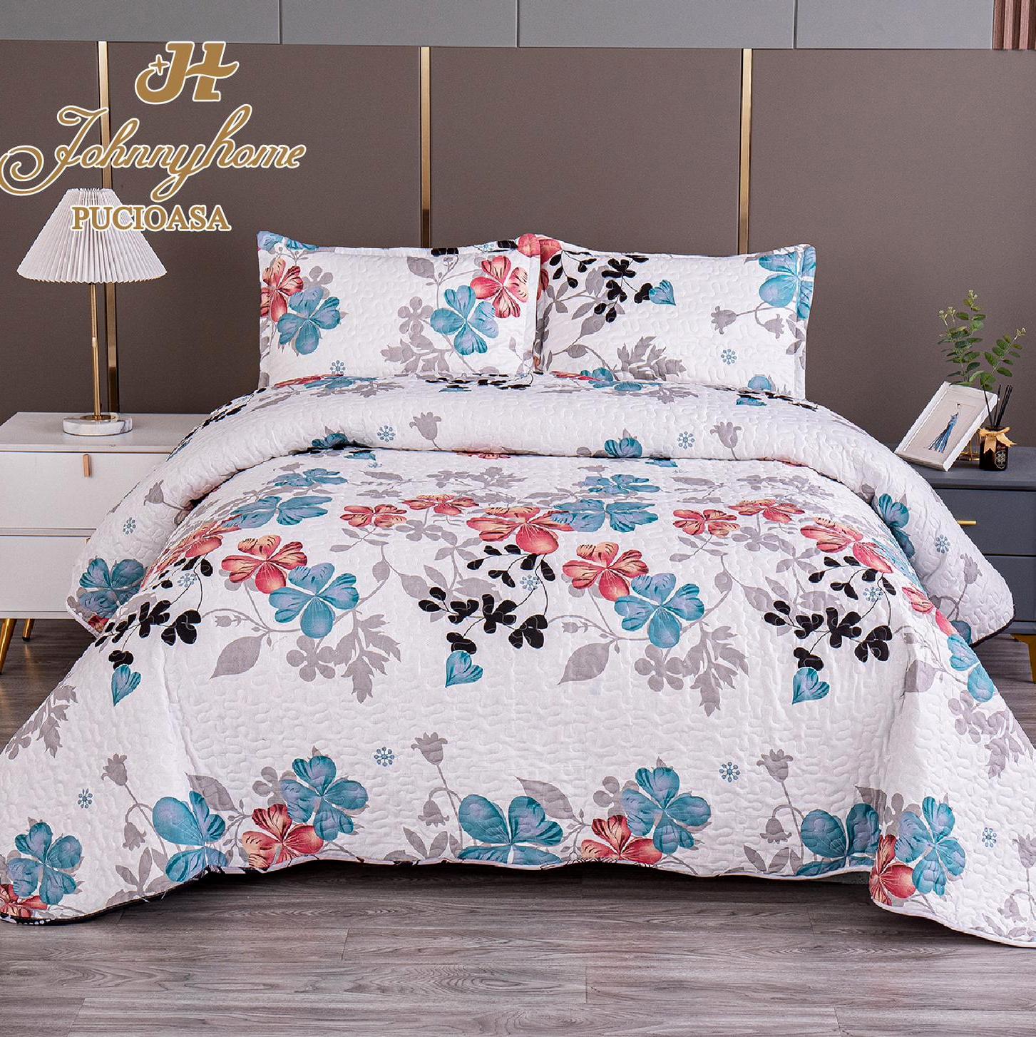 (OFERTA 3 la 199 Lei) Cuvertura pentru pat dublu cu 2 fete, matlasata,  Albastru, flori