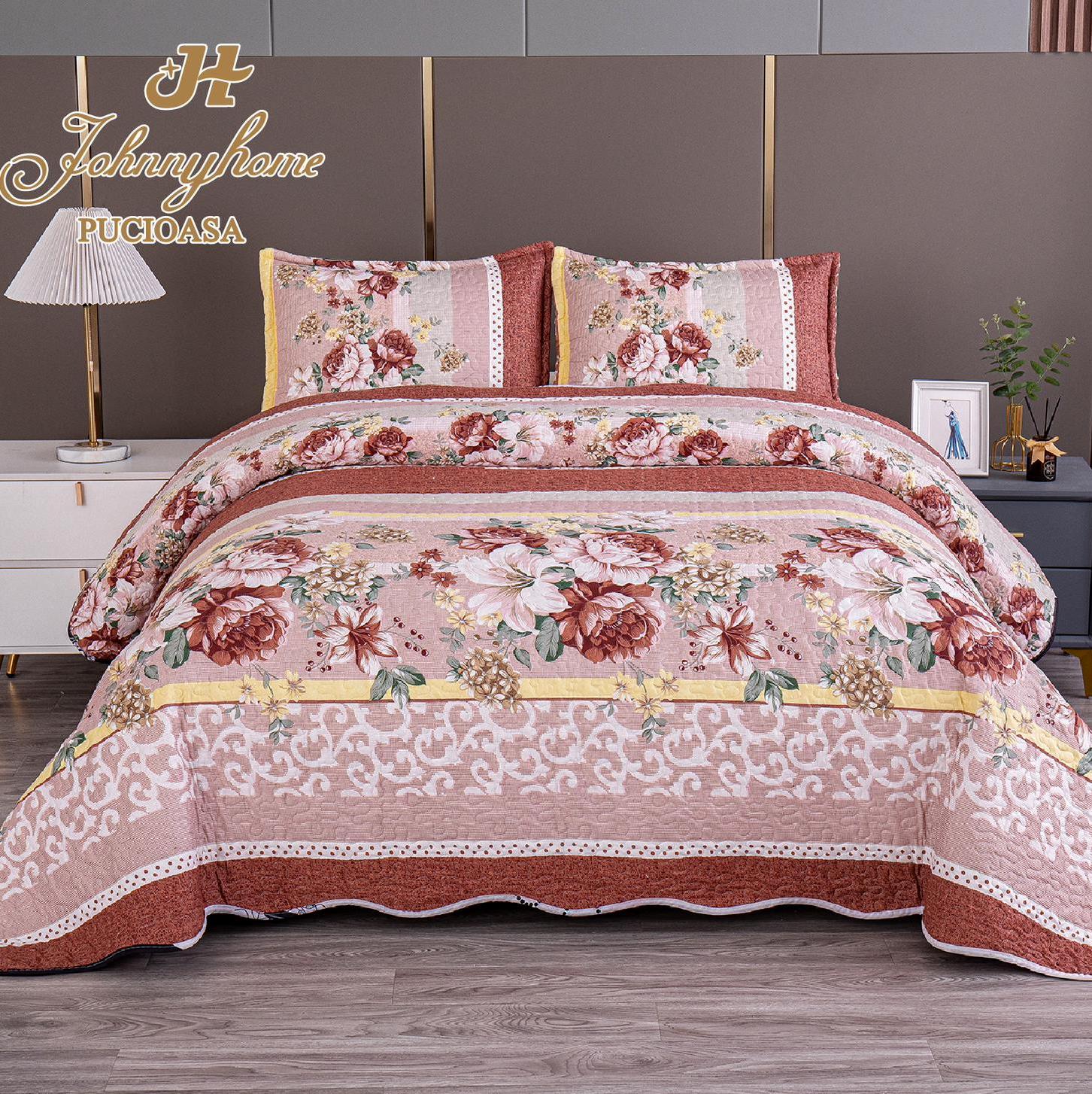 (OFERTA 3 la 199 Lei) Cuvertura pentru pat dublu cu 2 fete, matlasata,  Maro, flori, animal print