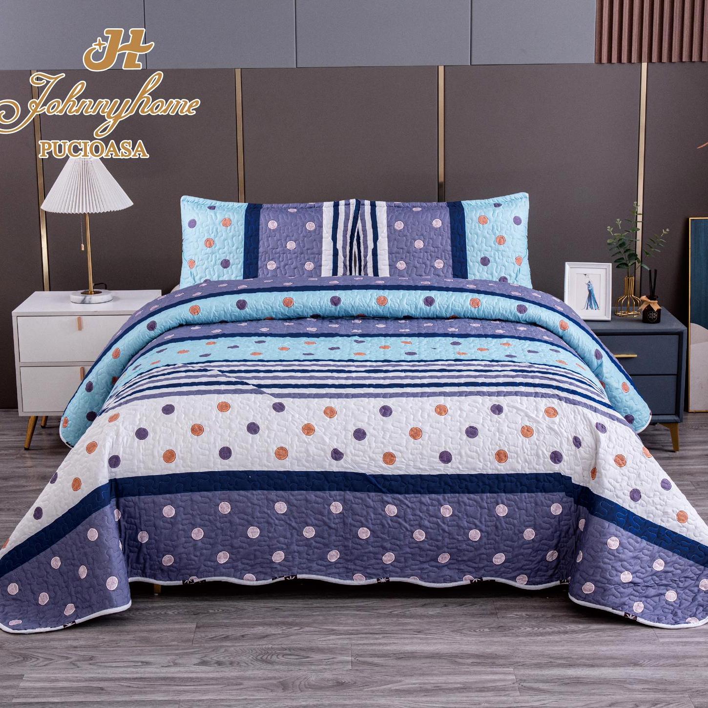 (OFERTA 3 la 199 Lei) Cuvertura pentru pat dublu cu 2 fete, matlasata,  Albastru, buline, frunze