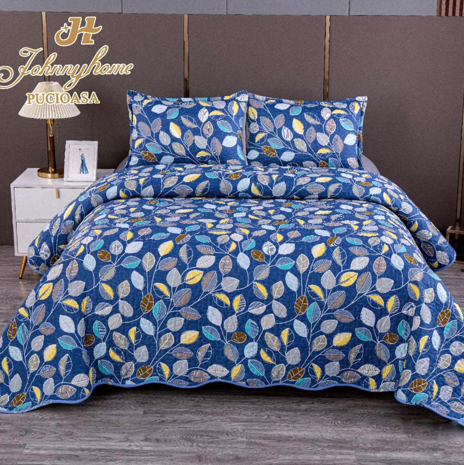 (OFERTA 3 la 199 Lei) Cuvertura pentru pat dublu cu 2 fete, matlasata,  Albastru, frunze, flori