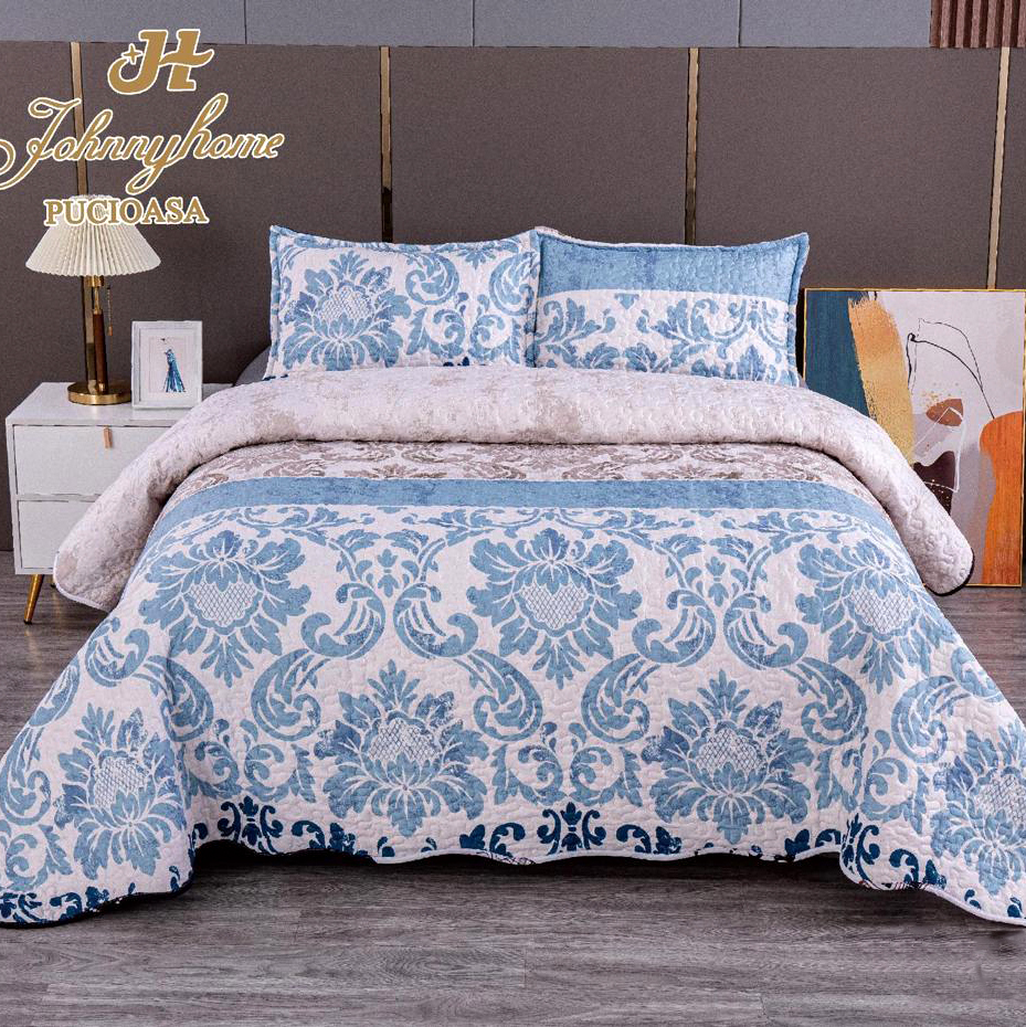 (OFERTA 3 la 199 Lei) Cuvertura pentru pat dublu cu 2 fete, matlasata,  Albastru, model oriental, frunze
