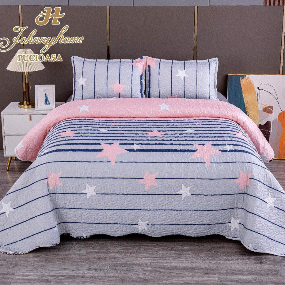 (OFERTA 3 la 199 Lei) Cuvertura pentru pat dublu cu 2 fete, matlasata,  Roz, stelute, inimioare