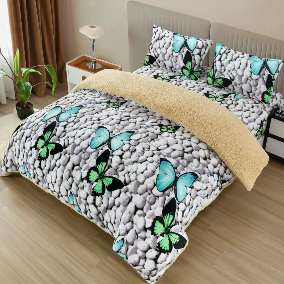 Lenjerie pat dublu, Super Pufoasa COCOLINO cu BLANITA, 4 piese, Gri-Multicolor, fluturi