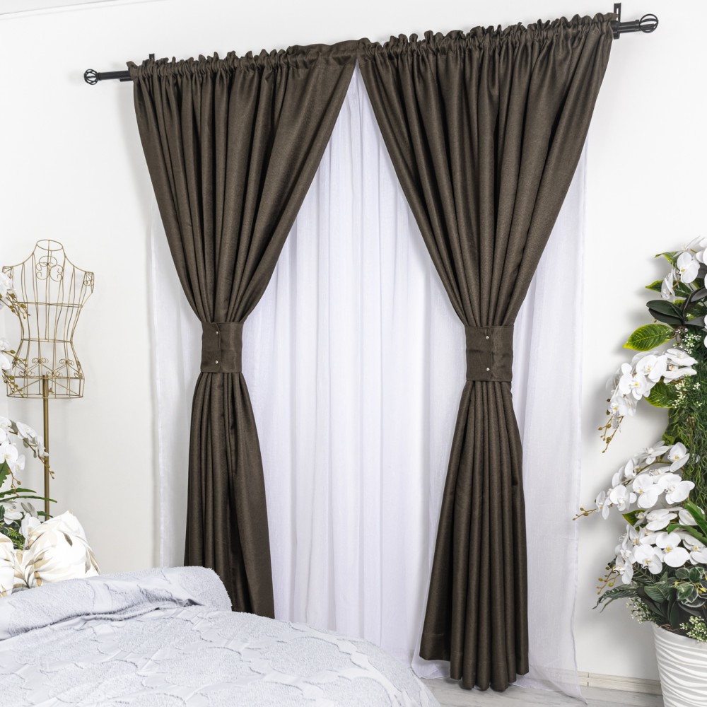 Set 2 Draperii tip Bob de Orez, Maro, 200cm latime x 230cm inaltime, cu rejansa pentru bara