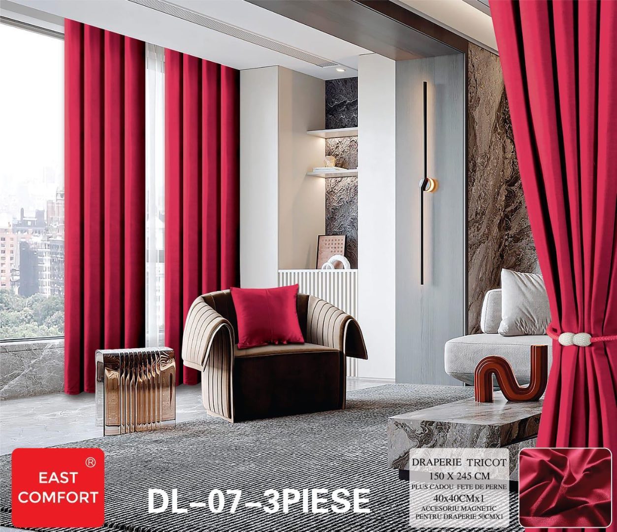 Draperie din Tercot Luxury, cu inele incastrate, East Confort,150x245cm, cu Snur Magnetic si Fata de Perna Decorativa – Calitate Premium pentru Confortul Tau, Rosiatic - 0 | YEO