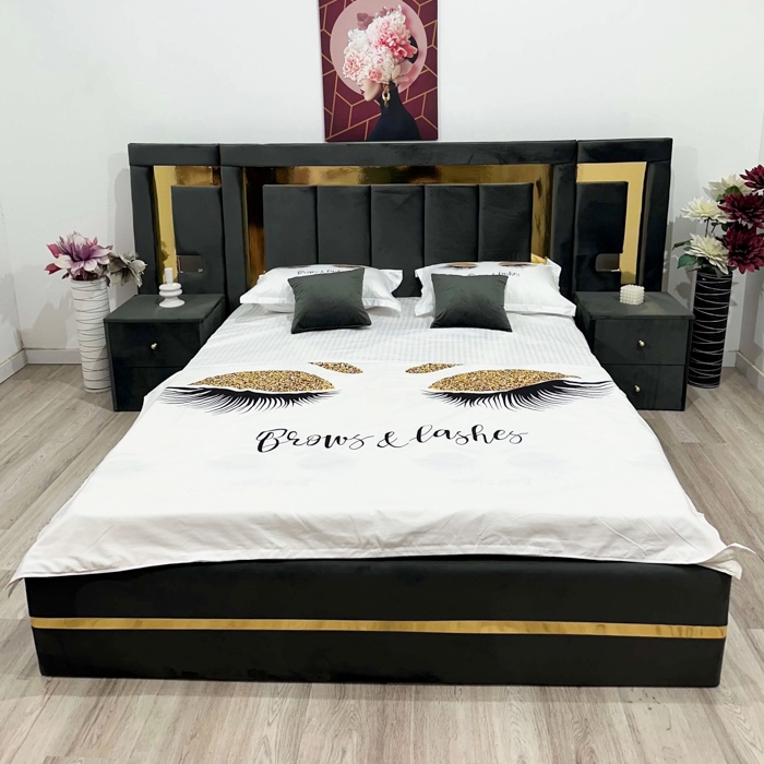 Pat Dublu, Elegant, pentru saltea de 160x200cm, cu Lada de Depozitare, cu 2 noptiere tapitate, Gri cu Accesorii Aurii - model IMPERIAL - cu Somiera Rabatabila - 0 | YEO